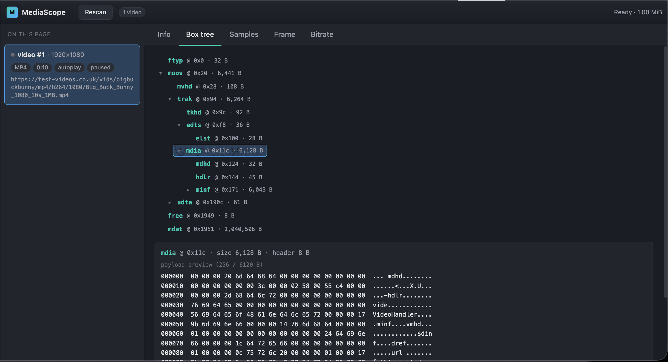 MediaScope MP4 box structure inspector